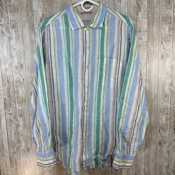 Tommy Bahama Mens Large Linen Striped Button Down Shirt Long Sleeve Casual - Picture 1 of 8